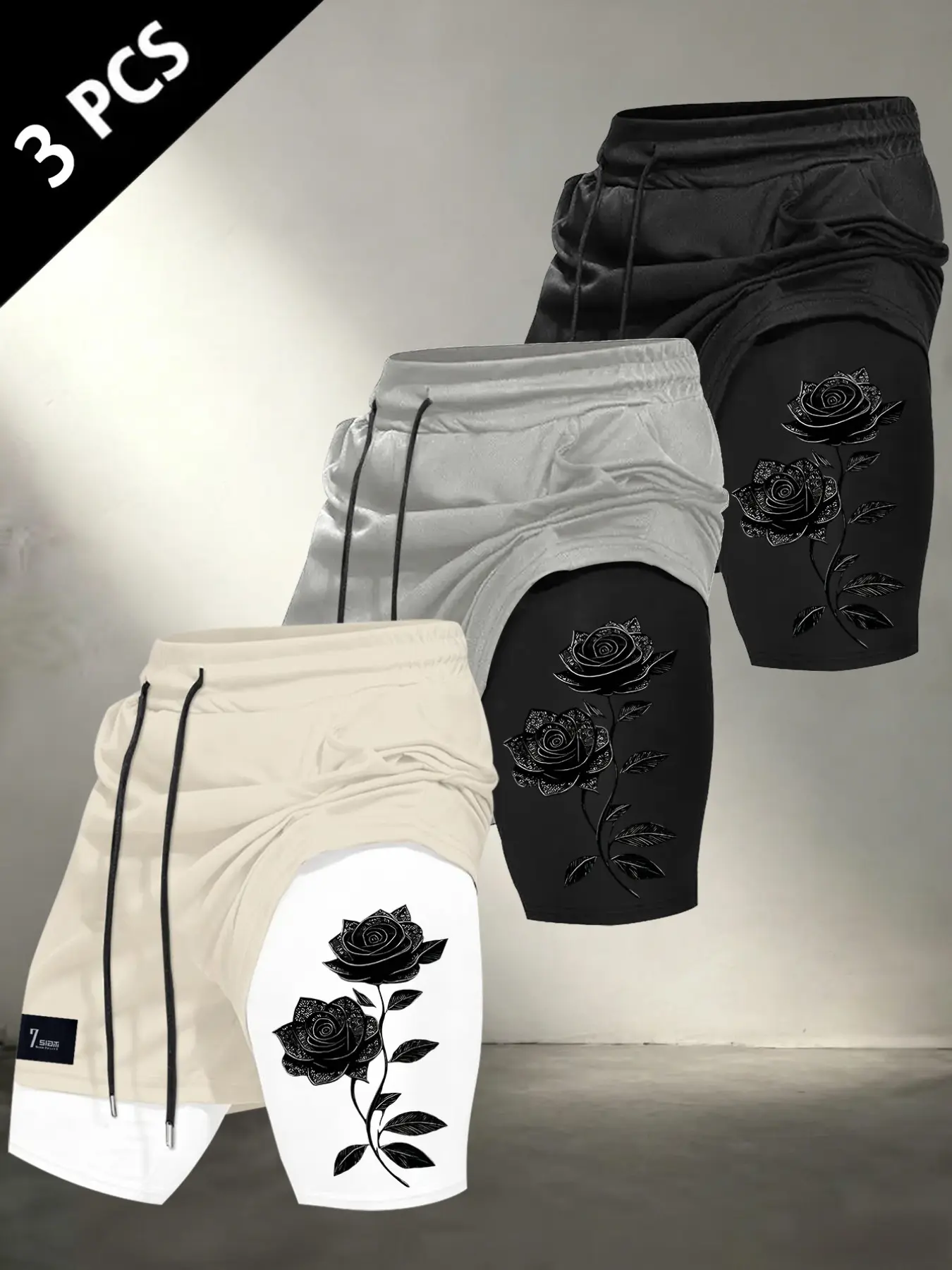 Men 2-in-1 Double Layer Workout Shorts, Gothic Black Rose Floral Print Compression Liner, Drawstring Waist Pocket Quick Dry Gym Running Training Casual Sports Shorts #RosePrintActivewear #2in1GymShorts #MensAthleticBottoms