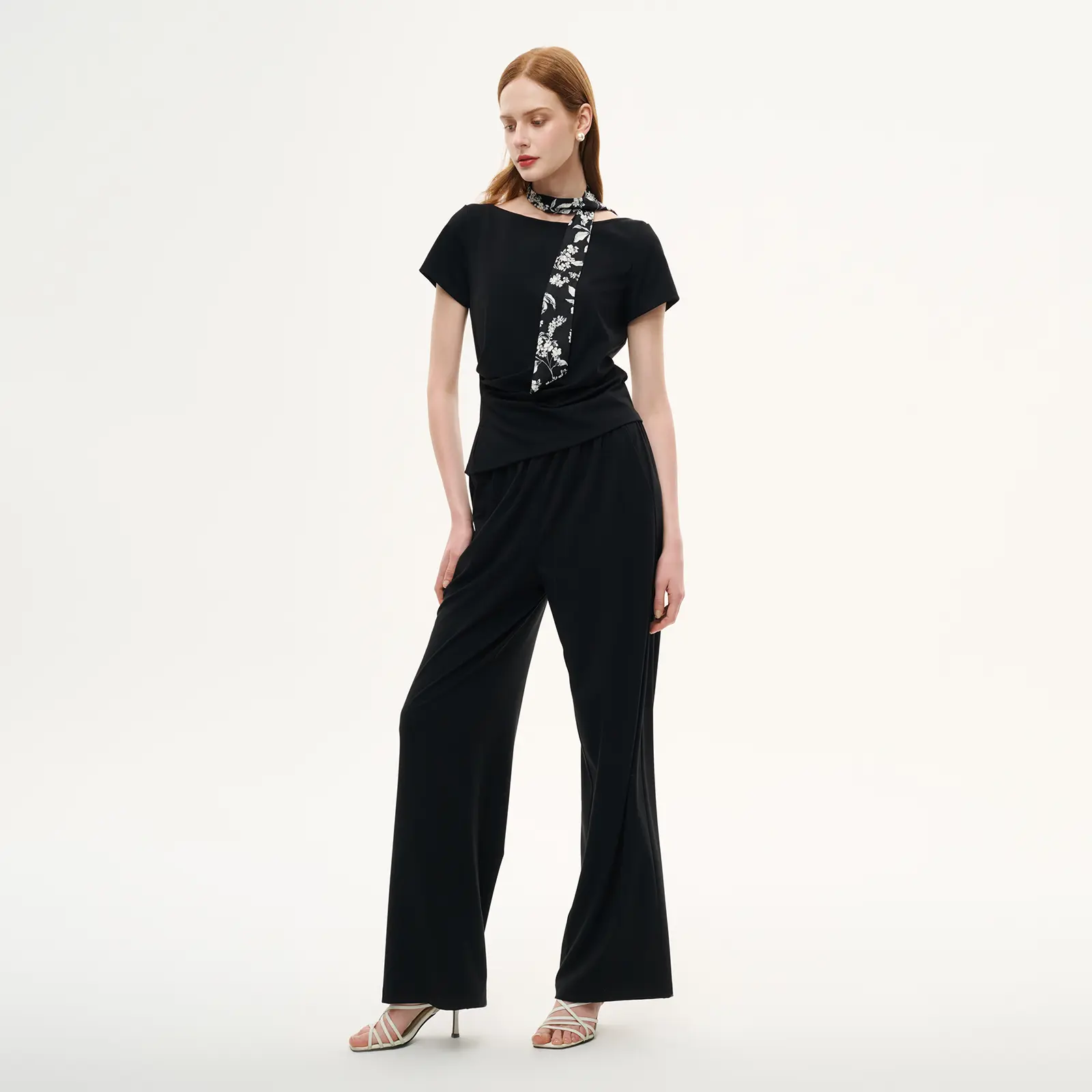 GOELIA Boat Neck Side Ruched Top And Pants Two-Piece Set With Floral Print Scarf for Ladies