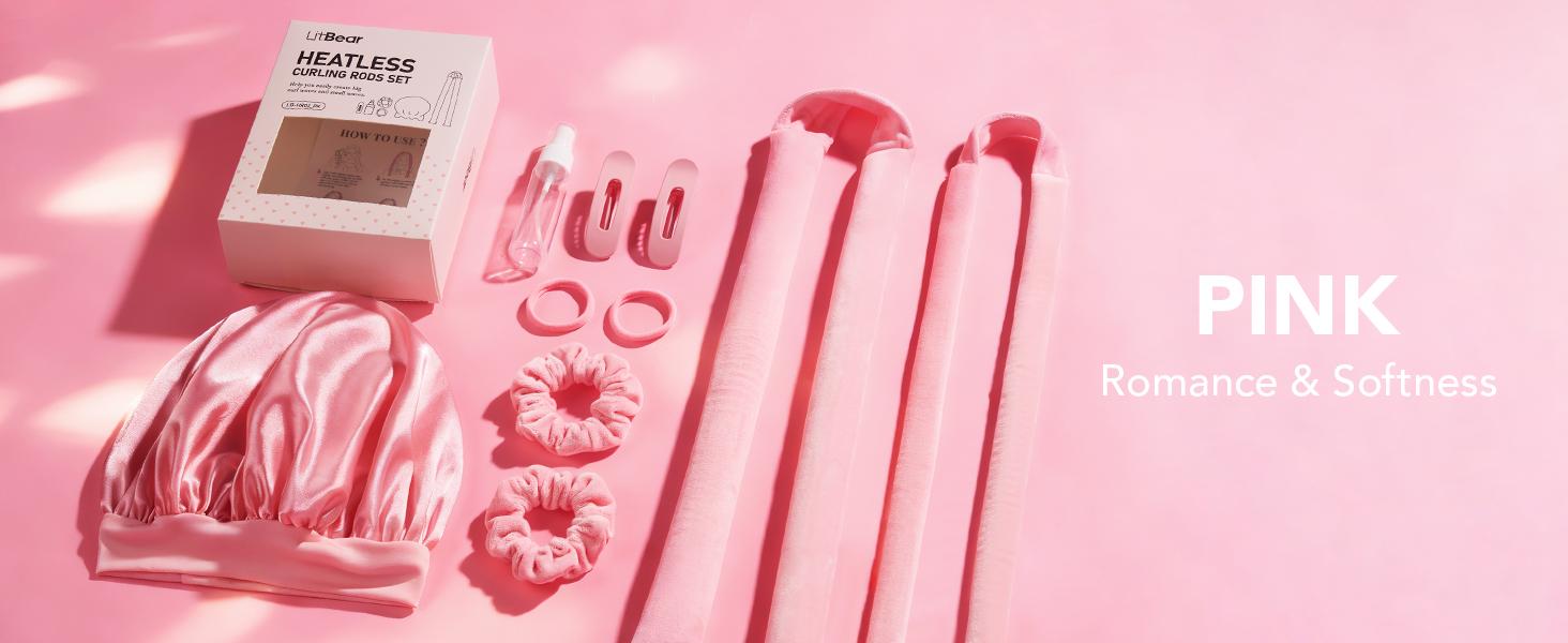 Heatless Curls Overnight, 2 Sizes of Soft Hair Rollers for Women with Bonnet to Sleep In, No Heat Hair Curlers Set with Scrunchies and Clips, for Long and Medium Hair (Pink)