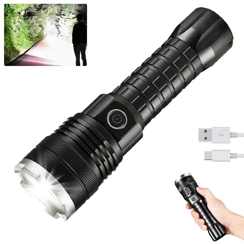 1PC High Lumen LED Flashlight,USB Rechargeable High Powered Tactical Flash Light,Super Bright Handheld Flash lights 5 Modes,Waterproof Zoomable for Camping, Hiking, Home, Emergencies