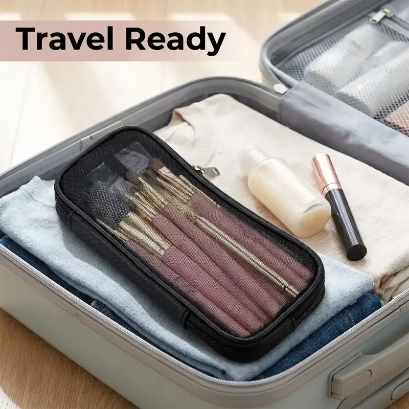 Mesh Makeup Organizer Pouch, 1 Count Portable Large Toiletry Travel Bag, Travel Essentials, Travel Cosmetic Bags, Foldable Cosmetic Storage Bag for Brushes, Universal Storage Organizer for Women & Men, Cosmetics Bag, Travel Accessory