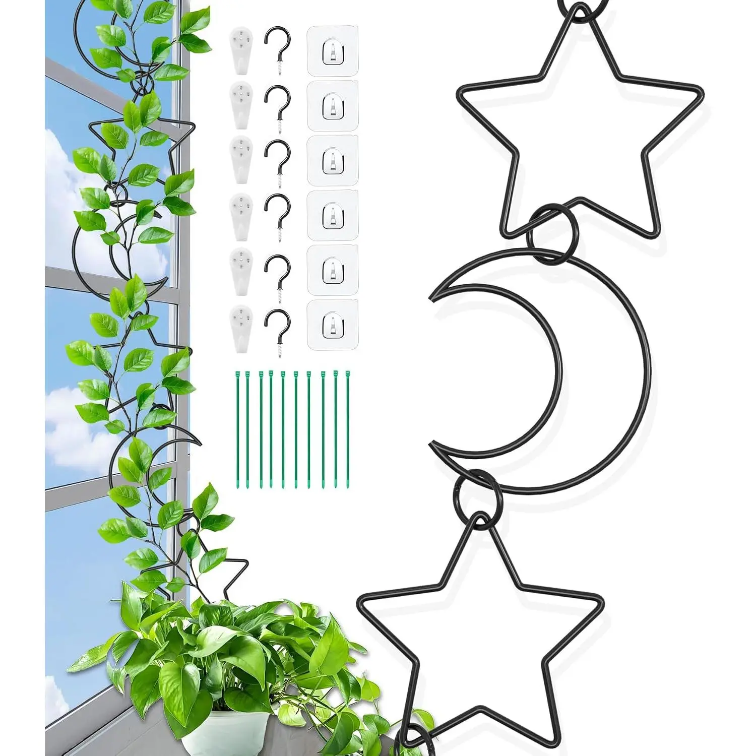 20 Pcs Chain Trellis for Climbing Plants, Plant Trellis Indoor and Outdoor, Garden Wall Trellis, Vine Support Plant Accessories for Monstera, Pothos, Ivy, Climbing Plants (Black Moon and Star)