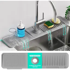 Faucet Mat for Kitchen Sink 5° Slope Fast Self-Draining 24Inch*5.5Inch Silicone Splash Guard with Cuttable Hole Design for Easy Fit and No Leak Home House - Cleaning