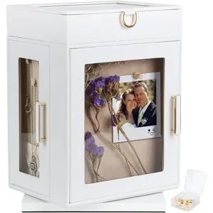 360? Rotating  Box - White PU Leather  Organizer with Shadow Box & Pinboard, Detachable Top Tray, Drawers & Push Pins for Personalized Accessory Display & Storage