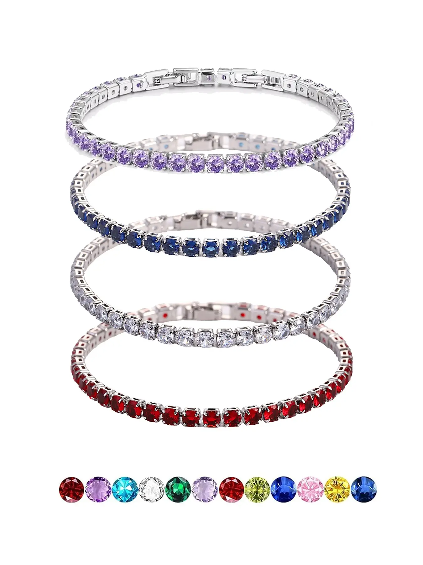 Lavender moissanite tennis bracelet for women; unisex colorful crystal tennis chain with purple/red/blue/white 5mm moissanite zircon, waterproof, Chain Bracelets. Ideal wedding decor & birthstone gift, bulk wholesale jewelry, perfect gift for her.