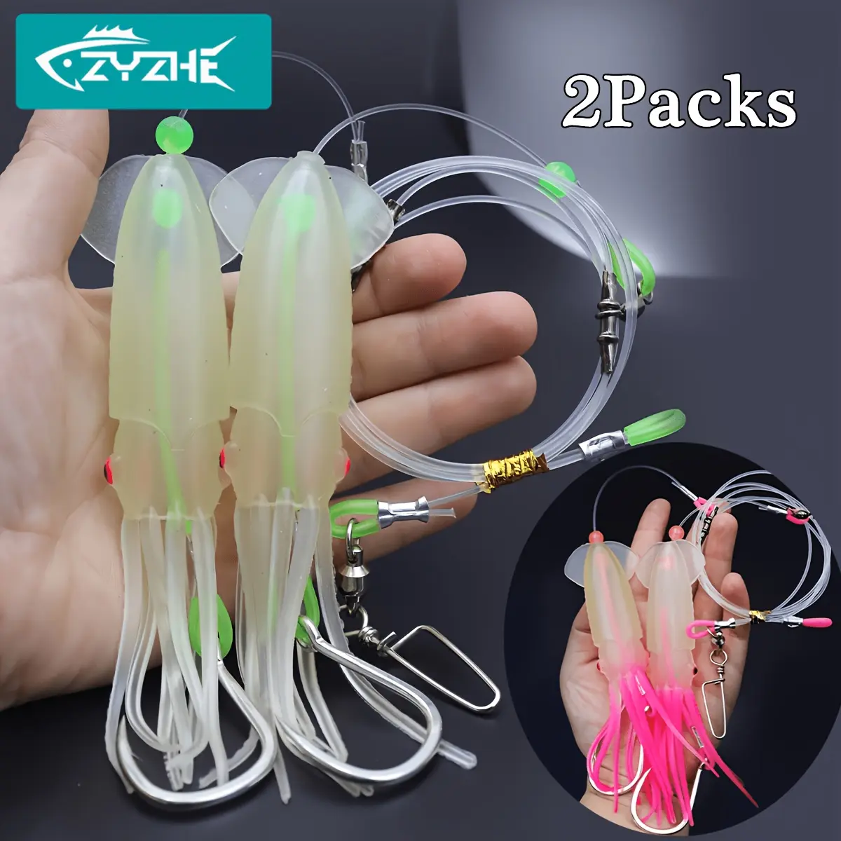 ZYZHE 2Packs Deep Drop Rigs With Luminous Squid Fakebait High Strength BKK8062-5X Hook Deep Sea Fishing Rigs For Tuna Marlin
