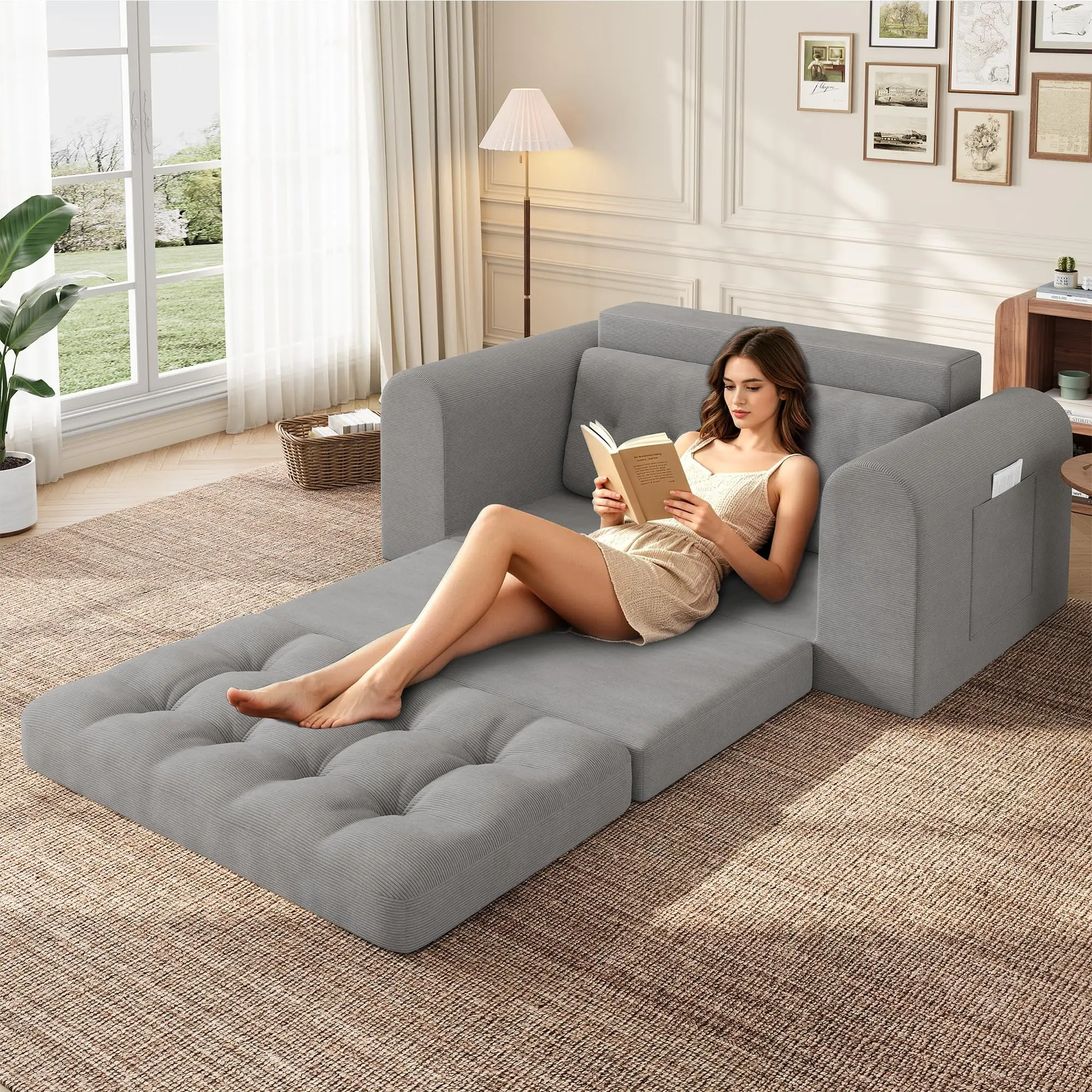 Garvee Multi-Functional Convertible Sofa Bed – 59" Corduroy Folding Loveseat Futon Couch – Pull Out Sleeper, No Assembly Needed, Ideal for Living Room or Bedroom