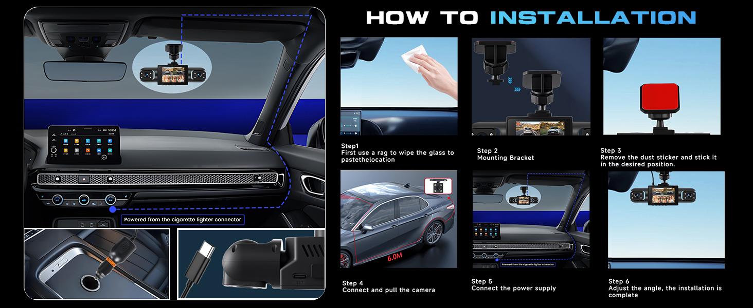 4 Channel 360° Dash Cam Front and Rear Inside Left Right, Dash Camera for Cars, Built-in Night Vision, Sensitive Motion Detection 24/7 Recording Parking Mode Monitor Reversing Help,(option) 64G TF Card