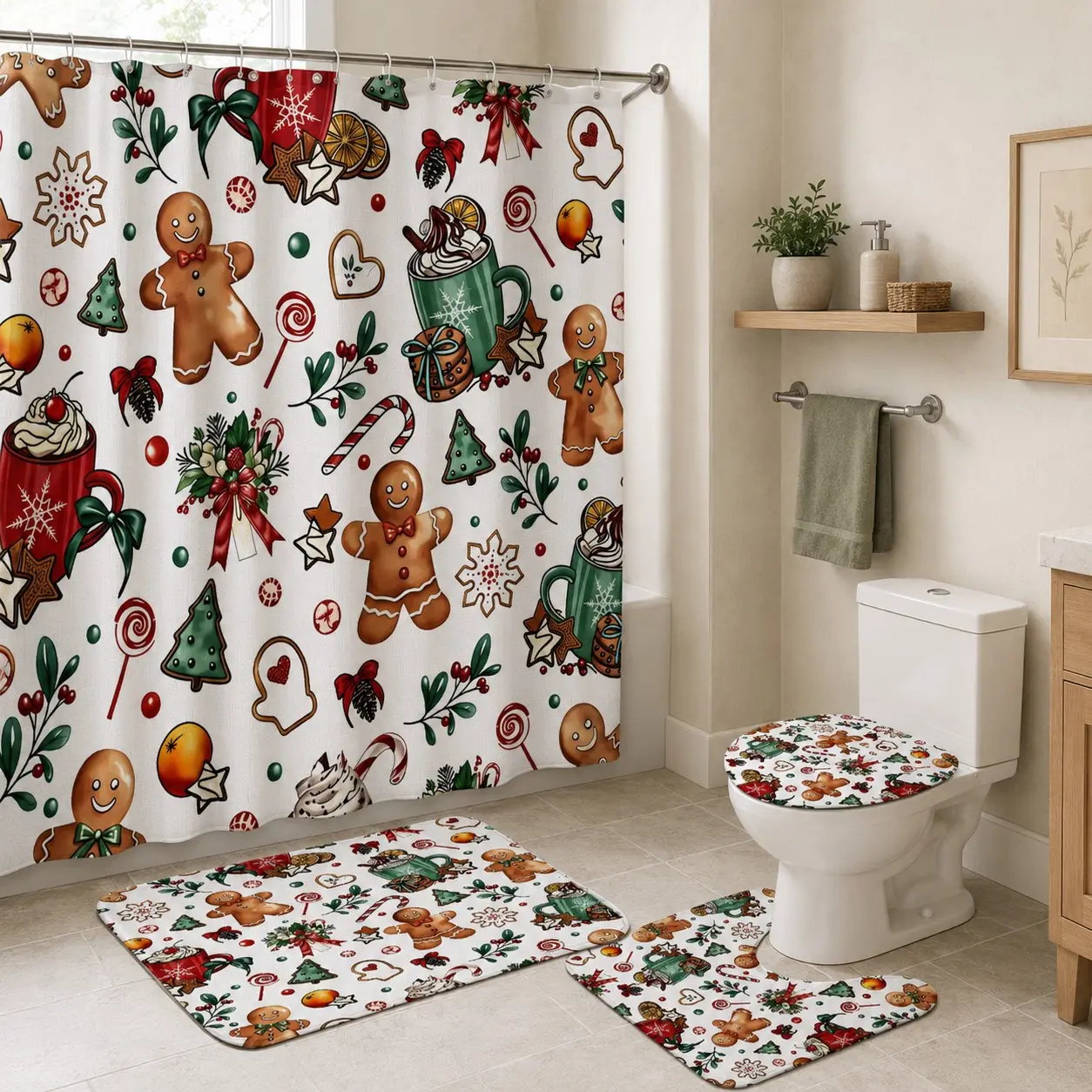 4pcs Gingerbread Kitchen Holiday Shower Curtain Set, Festive Christmas Cookies, Cozy Winter Bathroom Decor, Tiktok Shop Hot Trends