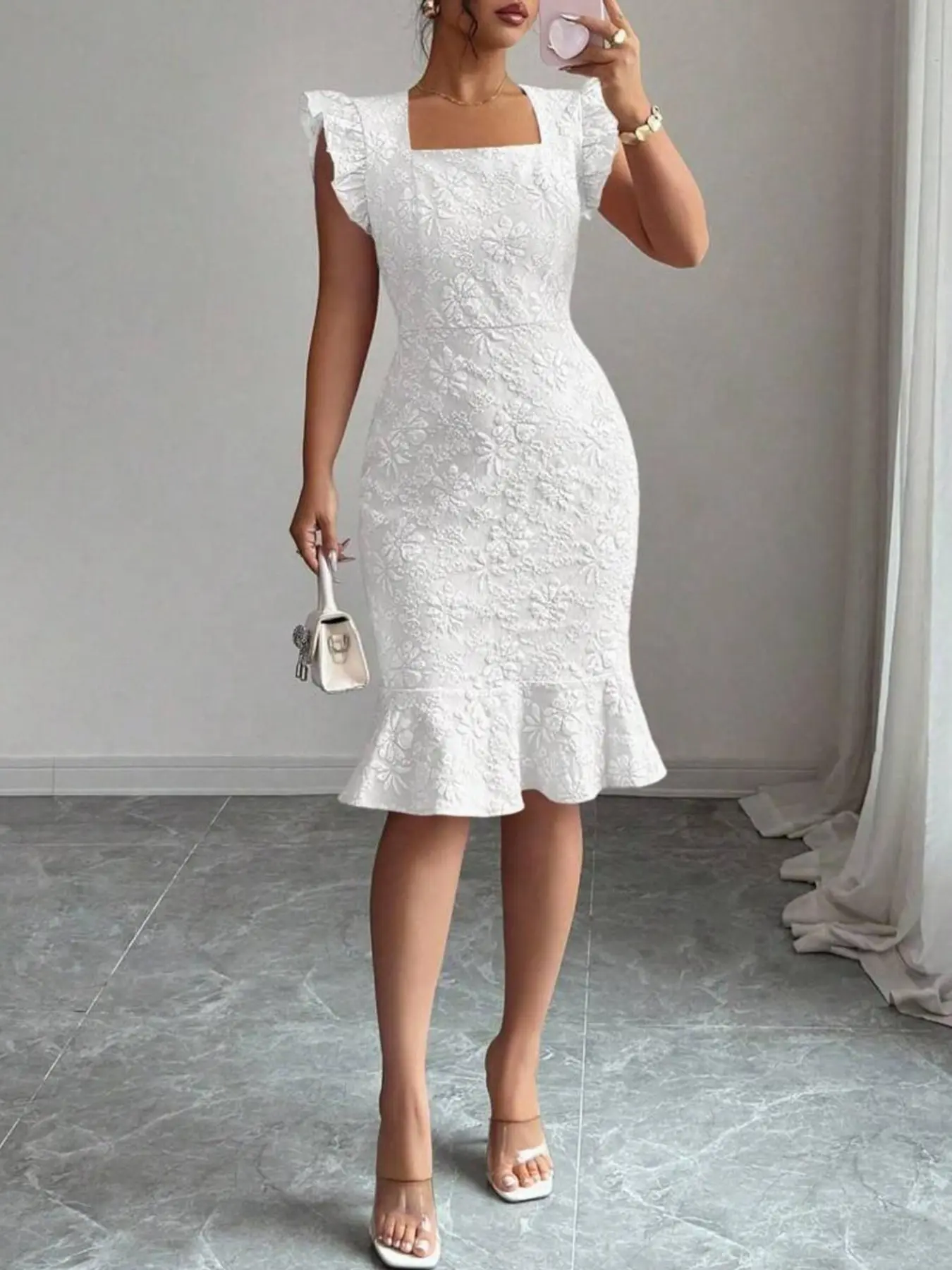 Summer New Slimming French Square Neck Ruffle Fish Tail Elegant Lace Dress, Knee-Length Dress for Summer Dates, Office Wear and Formal Wear