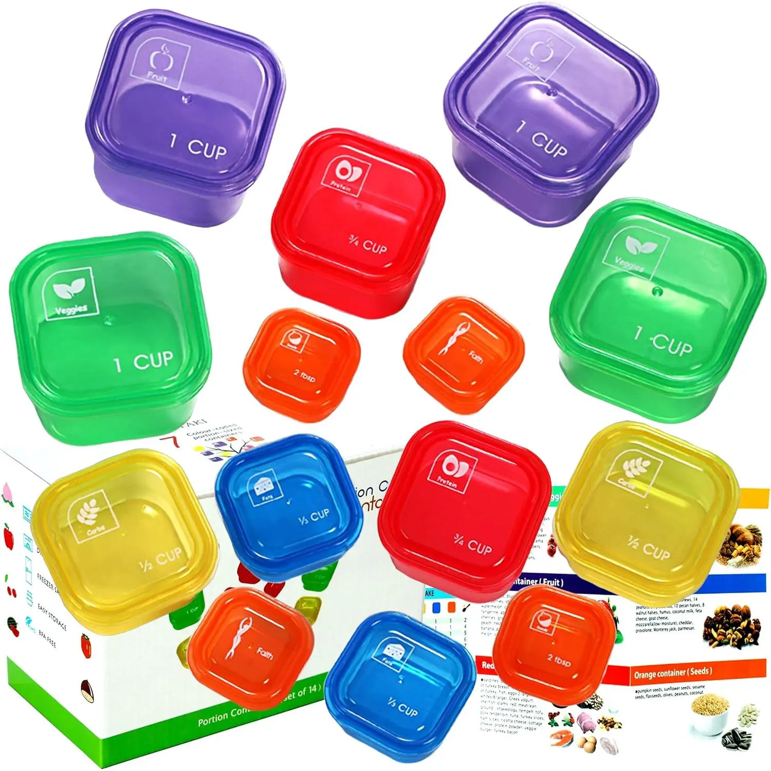 Portion Control Containers, Double Set (14 Count) 21 Day Fix Container and Food Plan, 21 Day Food Portion Containers for Weight Loss with Tally Chart and Food Plan