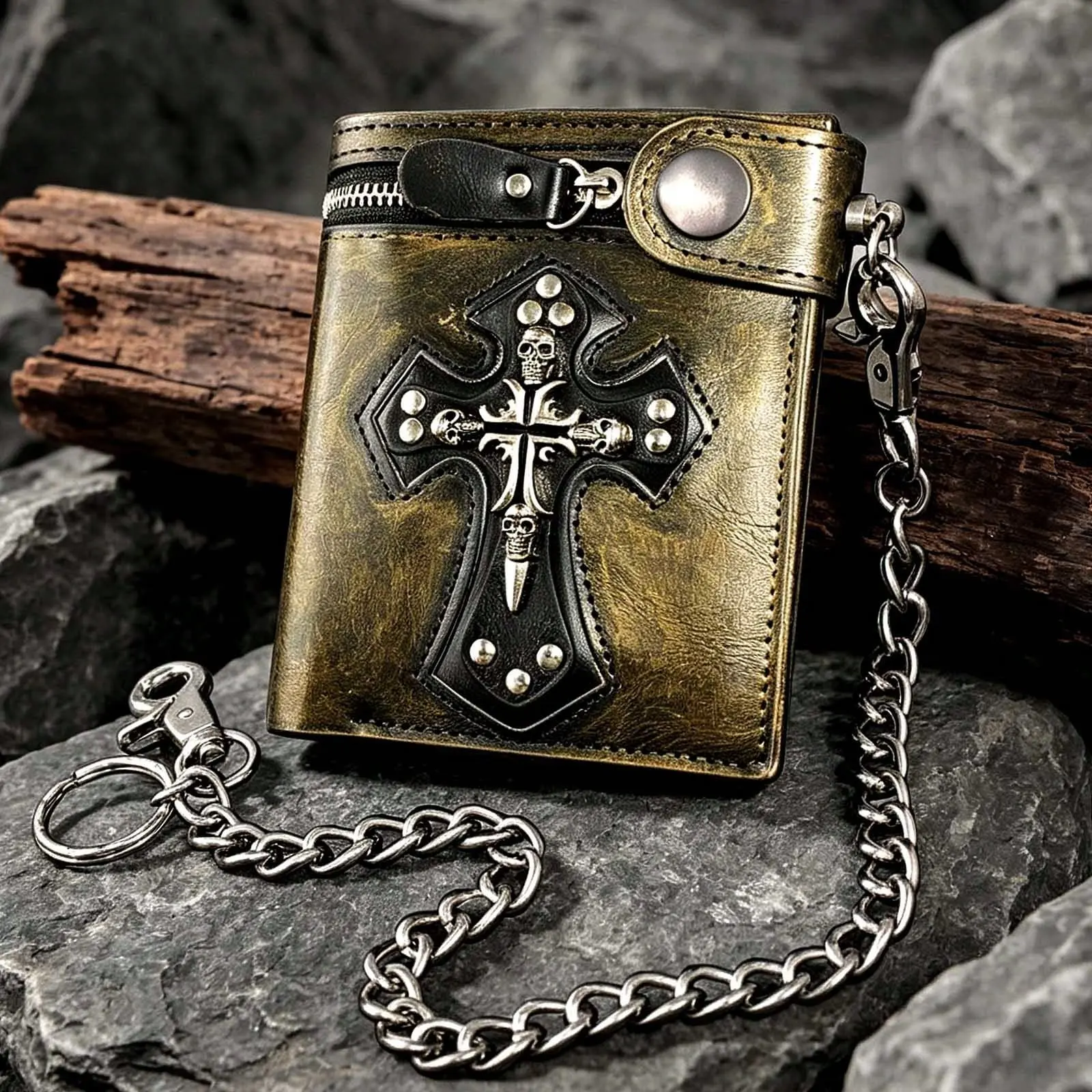 Men's Gothic Punk Gold Leather Wallet With Secure Pant Chain Money Card Holder