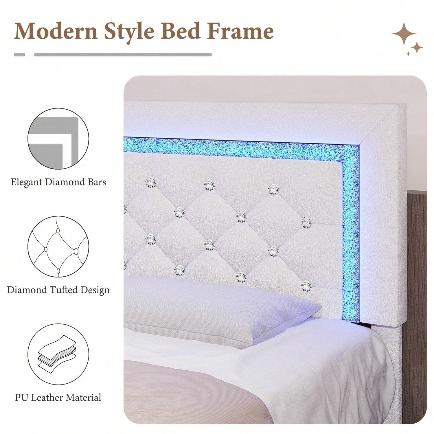 Twin/ Full/ Queen/ King Size Bed Frame With Storage Drawers, Upholstered LED Bed Frame With Headboard, Modern Platform Bed Frame With Headboard And Footboard, Diamond Tufted Design, No Box Spring Needed (Twin Size 2 Drawers/ Other Size 4 Drawers)