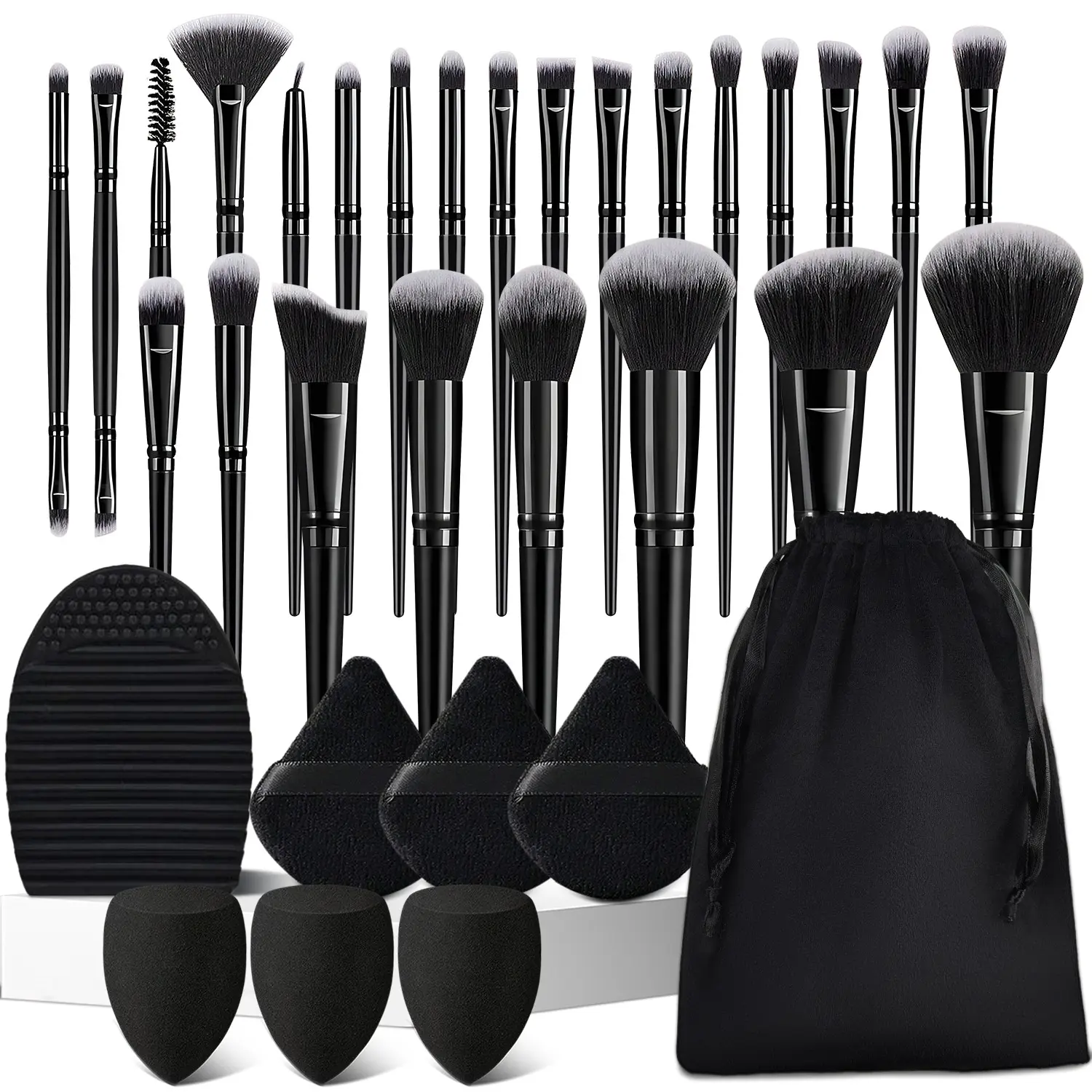 33pcs Professional Makeup Set, 25 Black-colored Cosmetic Brushes, Includes Puffs & Beauty Egg & Cleaning tool & Velvet bag Suitable for Eye Shadow, Foundation, BB Cream, Concealer Meets All Beauty Needs