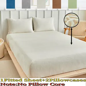 3 Piece Plush Fitted Sheet  Set, Soft Milk Velvet Breathable Fitted Sheet , Deep Pocket Non-Slip Mattress Protector, King Queen Size