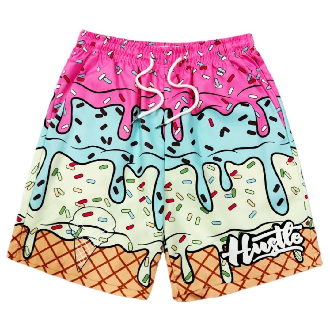 Summer Ice Cream Hawaiian Style Men's Quick-Drying Shorts Breathable Soft Comfortable Loose Plus Size Beach Swimwear Casual Shorts