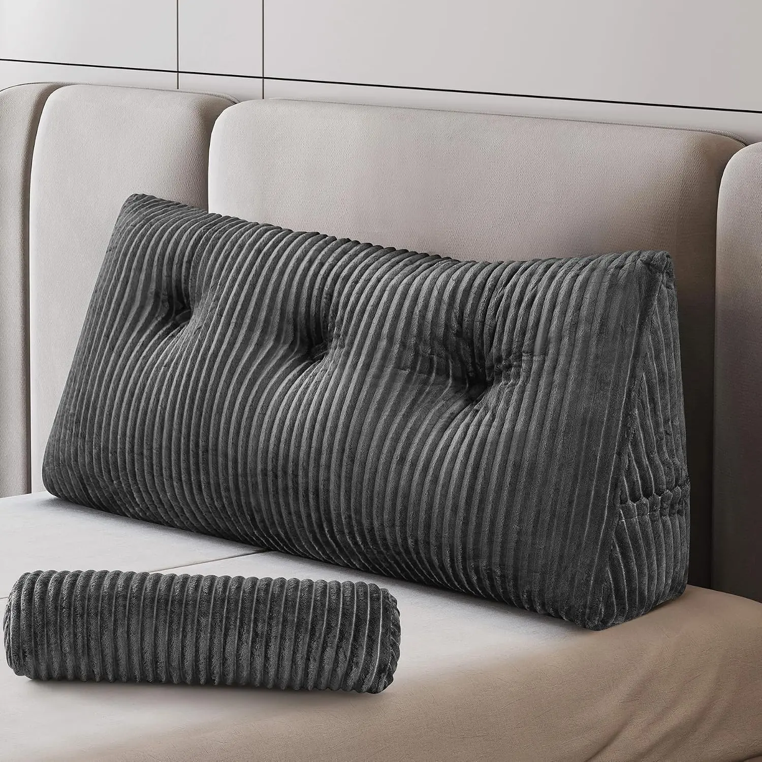 Headboard Pillow, Wedge Backrest Cushion, Twin Size,ONE Roll Pillow | Grey Triangular Backrest Cushion Equipped&Matching Roll Pillow,Ideal for Reading,Sitting Up in Bed&Filling Headboard Gaps