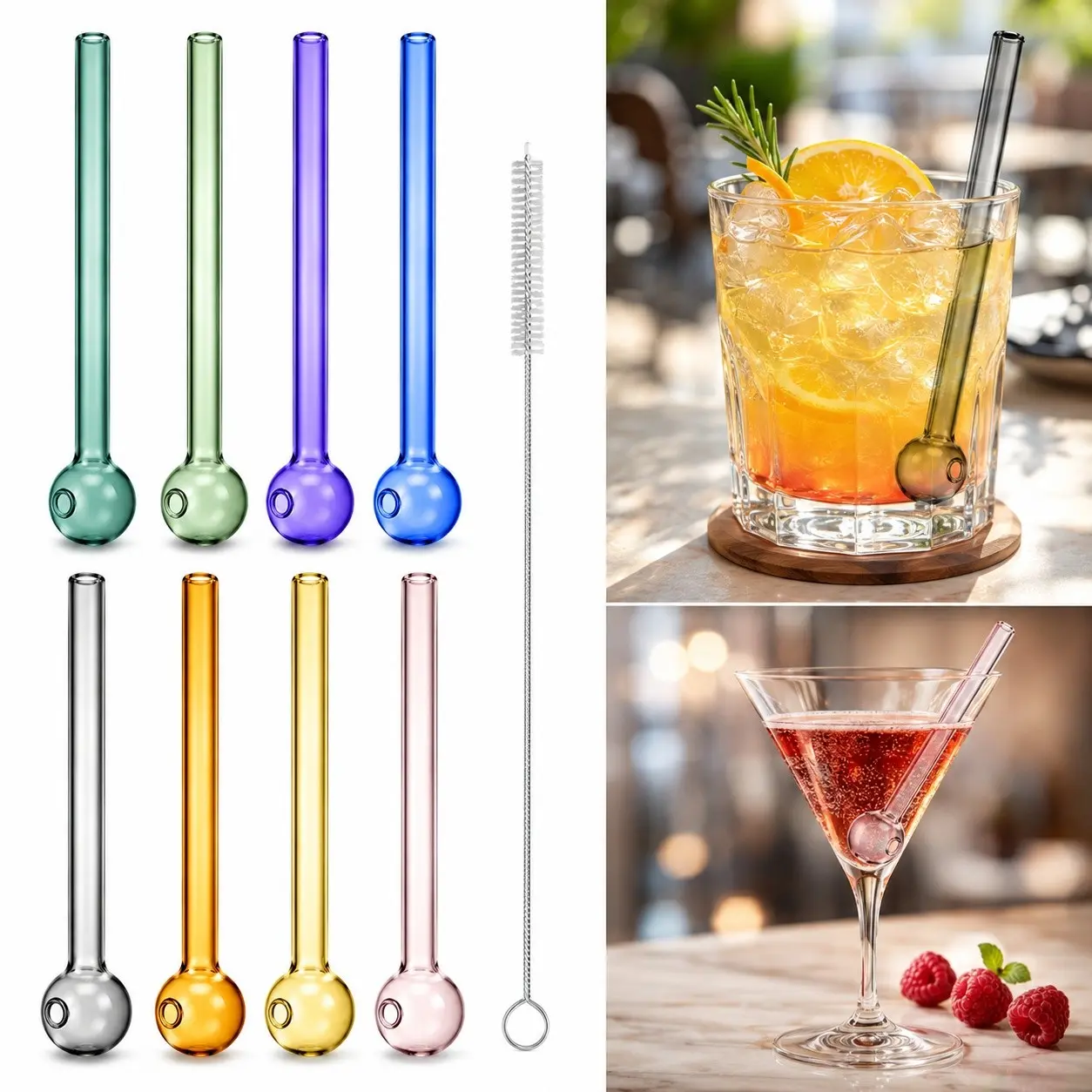 8-Pack Colorful Glass Straw Set with Cleaning Brush, Reusable Creative Drinking Straws, Ideal for Outdoor Travel, Picnics, Couples' Vacations, Cute Straws