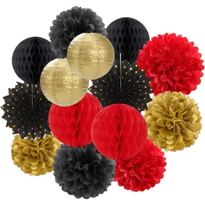 Red-Black  Party Decorations Streamers Lanterns - 14 count -Theme Graduation 2026 Paper Fan, Night Wedding Birthday  Bridal Shower Tissue Pom Poms, Balls Decor