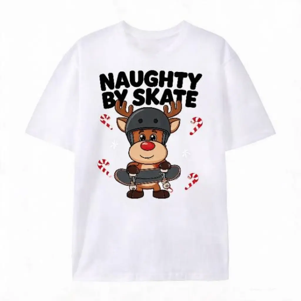 Christmas Skate Reindeer Cartoon Graphic Oversized Cotton T-Shirt, Naughty By Skate Slogan Casual Outfit Comfort Fashion Tee, Perfect Christmas & Valentine's Day Gift For Skate Lovers Men Kids, Ideal Holiday Present For Family & Friends Relaxed Short Slee