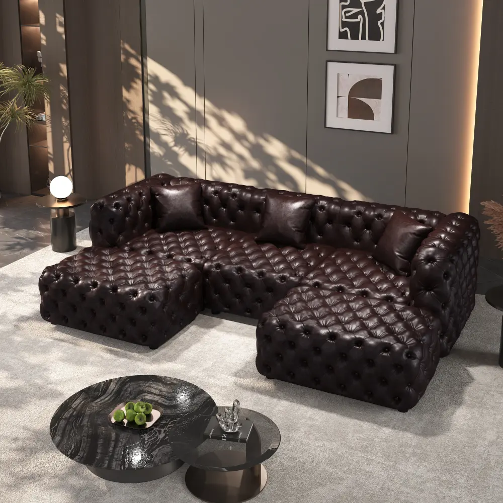 105.7" Modern Sofa Set, Faux Leather Upholstered Modular 3-Seater Sectional Couch with Pure Handmade Button Tufted Design, 2 Ottoman & 3 Pillows, Multi Combination for Living Room,Dark Brown