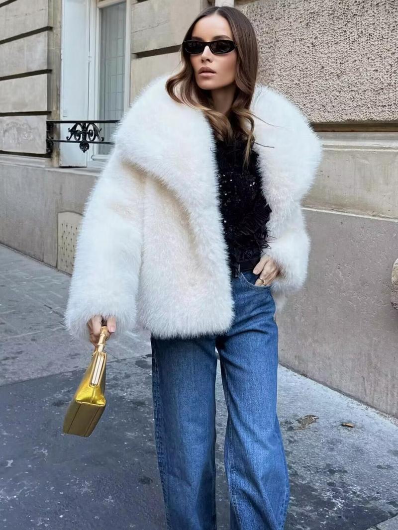 Women's Solid Color Faux Fur Jacket, Casual Long Sleeve Collared Fuzzy Coat for Fall & Winter, Women's Clothing for Daily Wear, Lady Outerwear