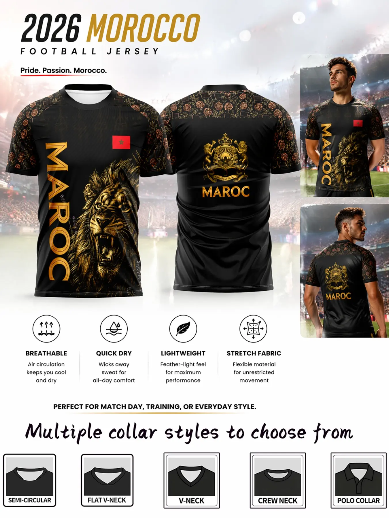 Morocco National Pride Soccer Jersey, Football Jersey, Traditional Geometric Floral Design, Breathable Sportswear, Short Sleeve T-Shirt, Street Fashion, Breathable Athletic Top