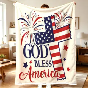 American Flag Cross Blessing Flannel Blanket, Digital Print, Lightweight, All Seasons, Ideal Gift for Easter, Valentine's Day, Wedding, Birthday