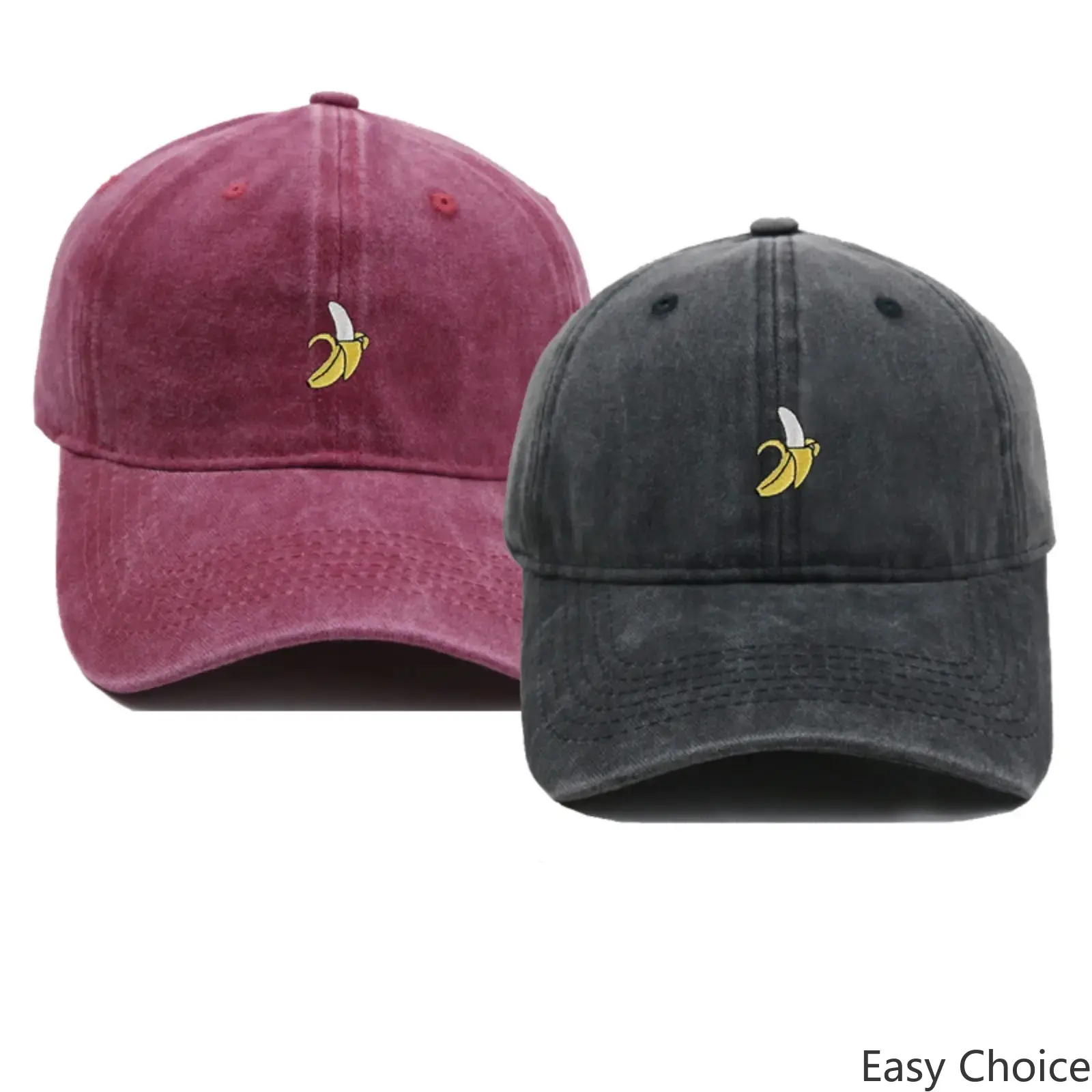 Washed Cotton Banana Print Baseball Cap, Vintage Distressed Hat with Embroidery Detail, Adjustable‑Size Sun Cap, Stylish Baseball‑Shape Headwear for Women, Ideal for Summer Travel & Daily Outdoor Wear (Burgundy, Black)