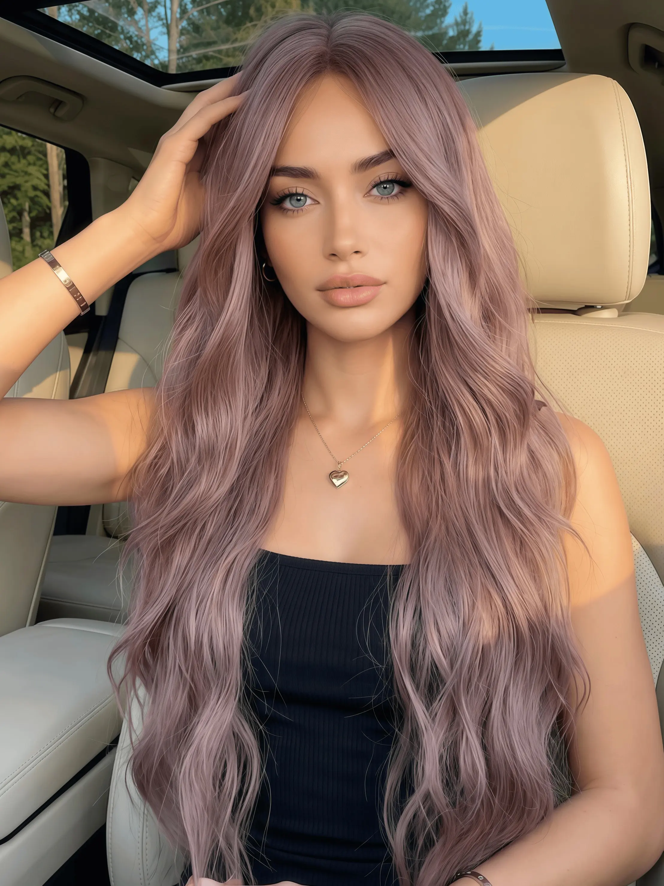 Long Wavy Dusty Lavender Purple Wig for Women, 28Inch Middle Part Pastel Lilac Curly Synthetic Wig Heat Resistant Natural Wigs Daily Halloween Cosplay
