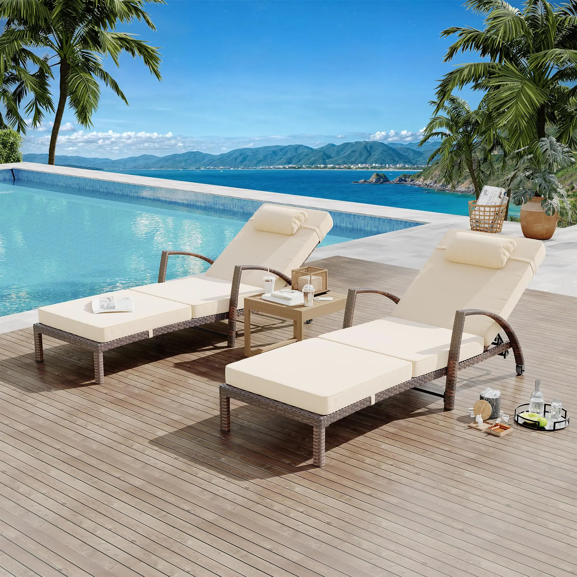GARVEE 2-Seat Rattan Frame Outdoor Loungers - 5-Multi-Gear Recline Adjust Chaise Lounge Chairs with Wheels, Detachable Cushion, for Poolside, Backyard (Brown & Beige) Anti-Gravity Tanning Chair, Two Seats