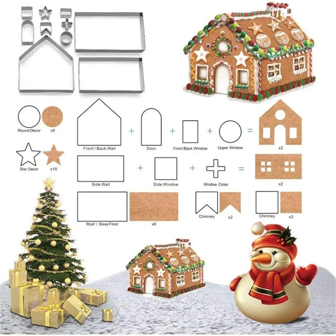 Christmas Gingerbread House Cookie Cutters Set,  10 count 430 Stainless Steel Cartoon Snowflake Biscuit  Pastry Mold for Holiday Birthday Cake Dough Donut Fondant - Baking Dough Tool