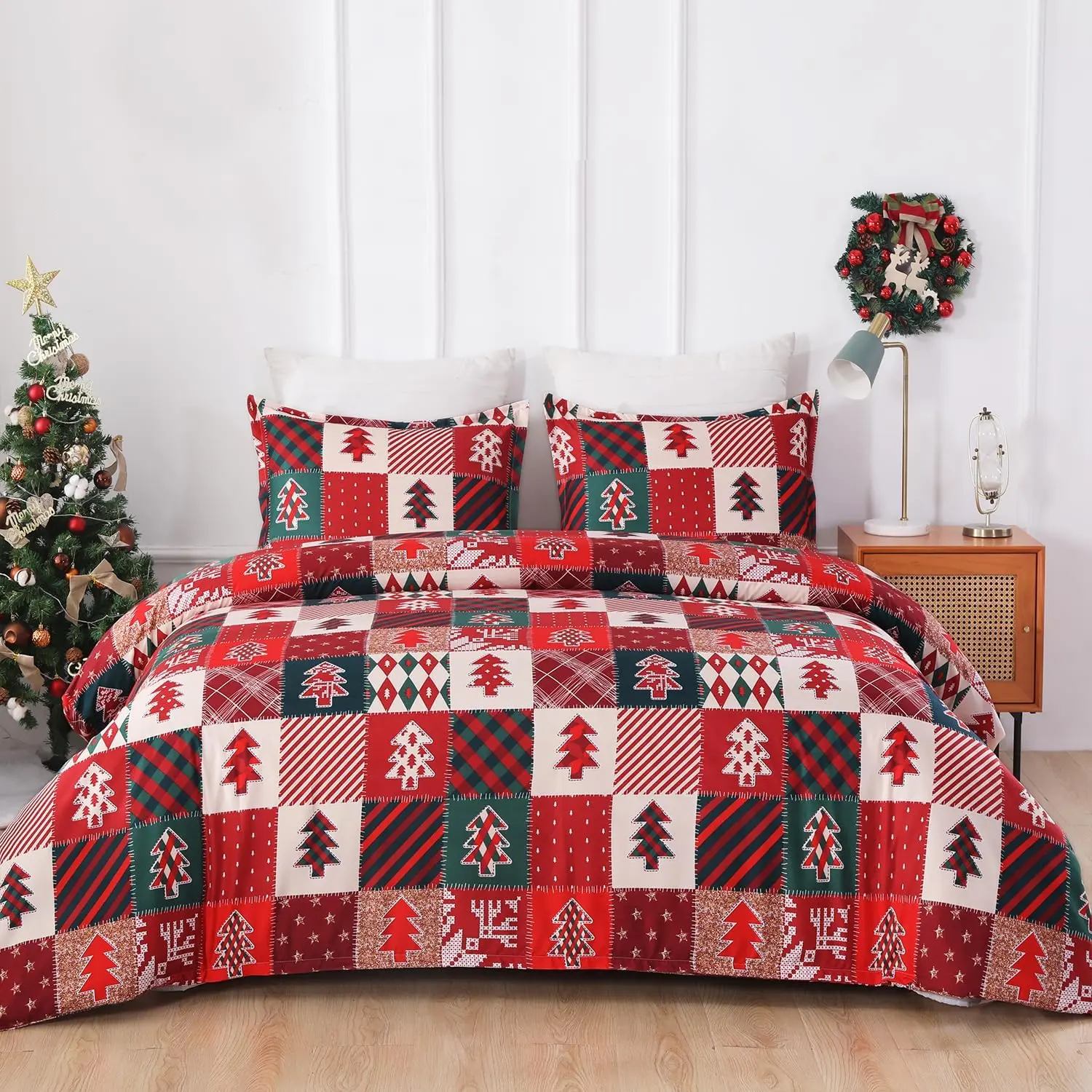 Christmas Duvet Cover , Holiday Microfiber Bedding Collection with Christmas  Tree , Includes 1 Duvet Cover and 1 Pillow Shams, Red Color