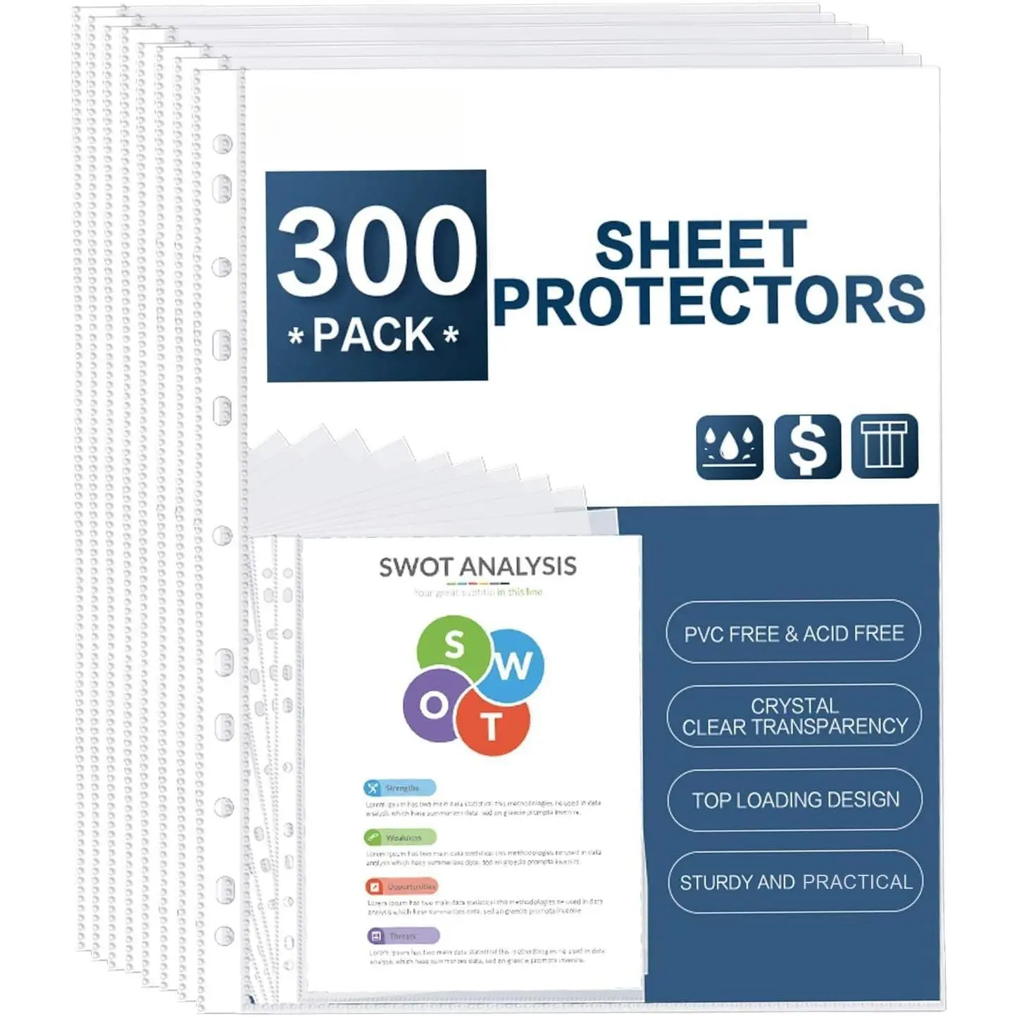 Sheet Protectors,  300 Pack Clear Heavy Duty Plastic Page Protectors Sheet Reinforced 11-Hole Fit for 3 Ring Binder Fits Standard 8.5 x 11 Paper, 9.25 x 11.25 Top , Excluding Acid