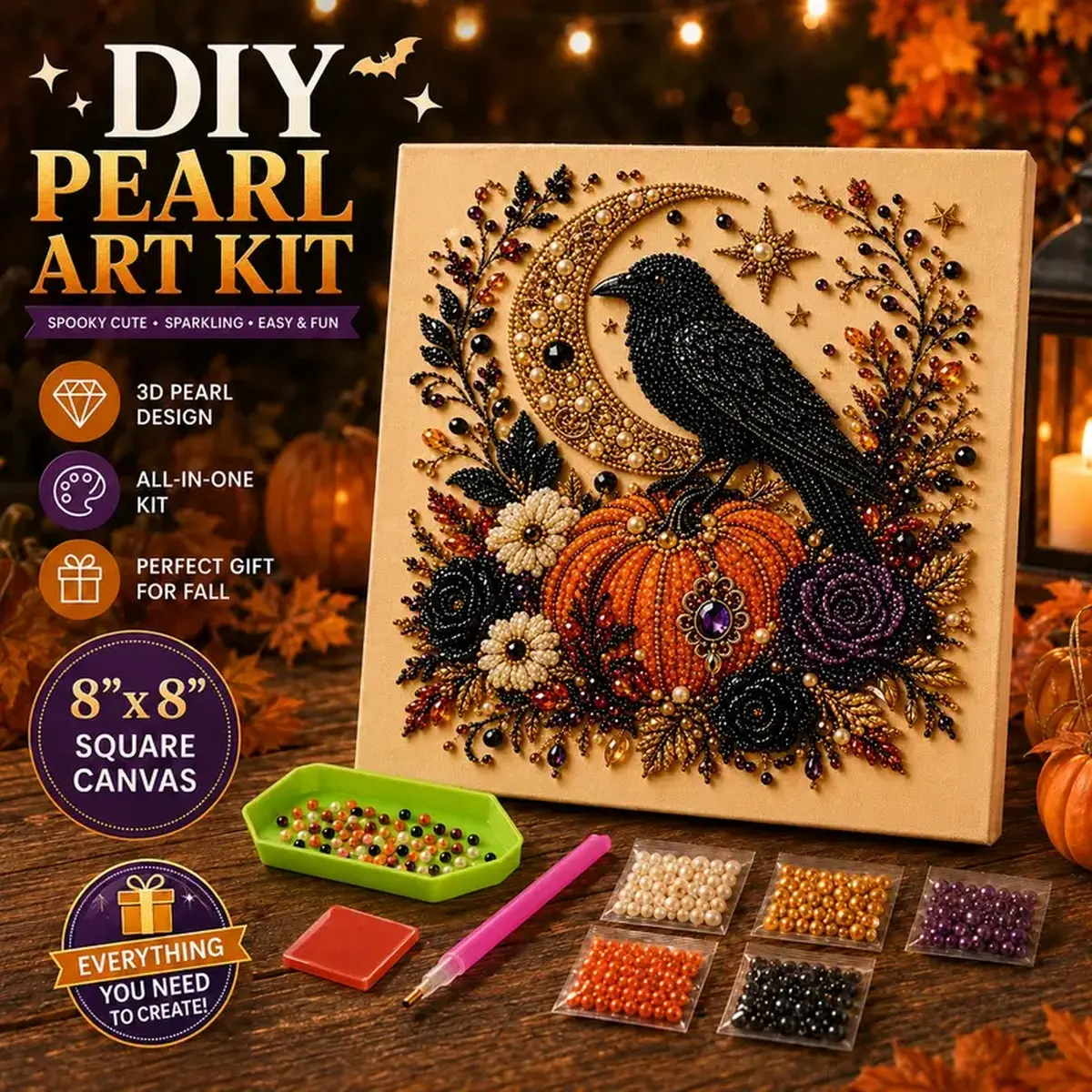 8x8-Inch Spooky Cute Ghost DIY 3D Pearl Art Kit, All-in-One Halloween Craft Set with Square Canvas and Beads for Fall Home Décor and Gifts,DIY Halloween decoration,Halloween party activity