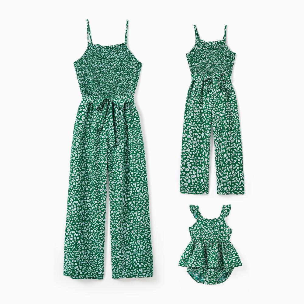 PatPat Matching Floral Print Green Smocked Strap Jumpsuits for Mommy and Me PatPat Matching Floral Print Green Smocked Strap Jumpsuits for Mommy and Me