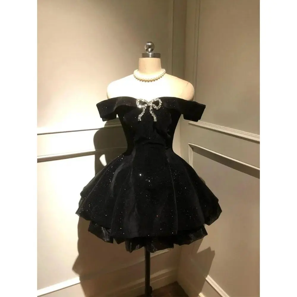 Women's Black French Vintage Elegant Gothic Off-Shoulder Mini Gown - Festive Birthday Party Chic Fairy Dress, Festive Wear for Party Supplies Gifting