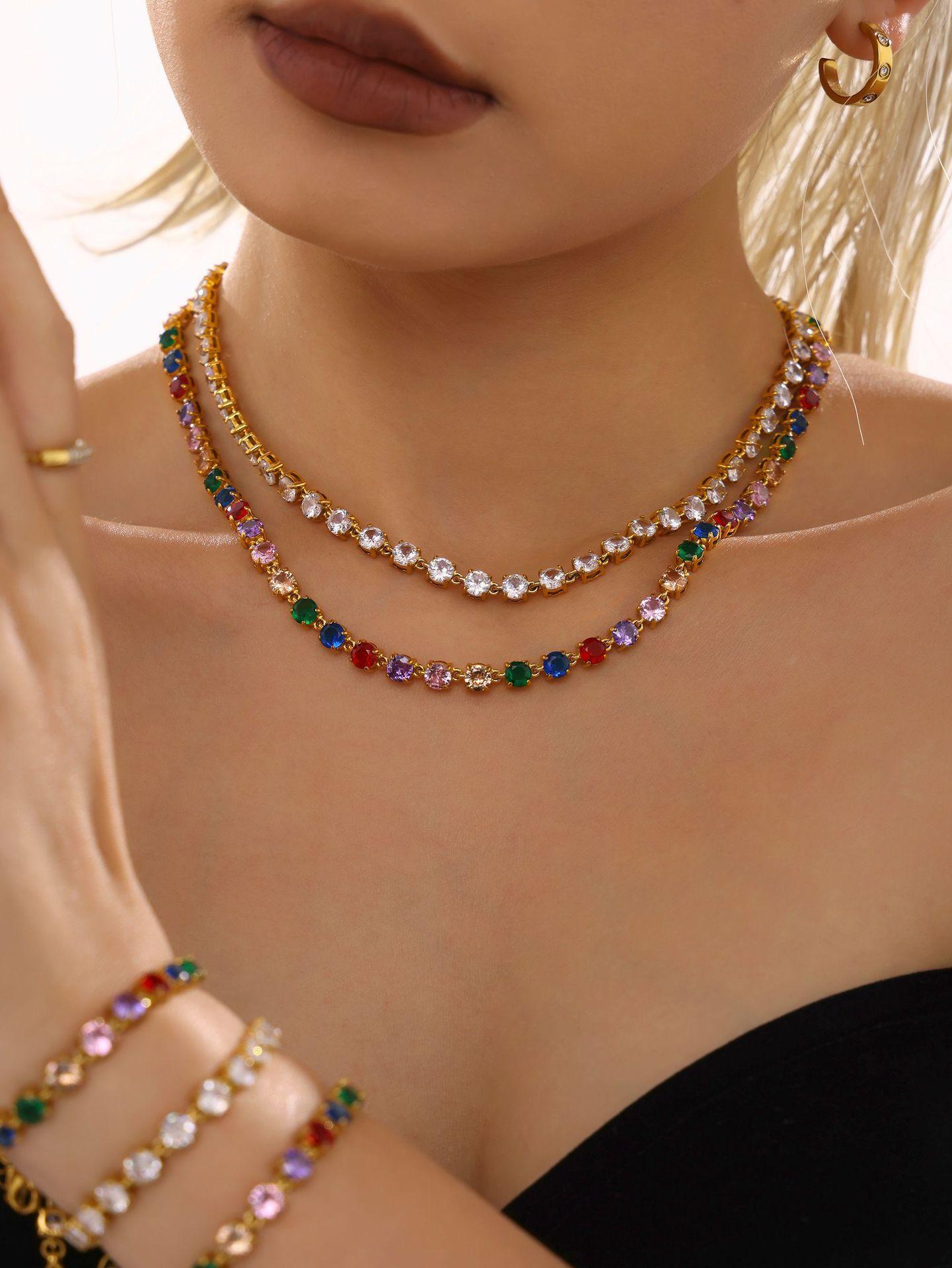 Handmade Prong Setting 5mm Colorful Zircon Shiny Bracelet & Necklace Set, 18K Gold Plated Luxury Jewelry