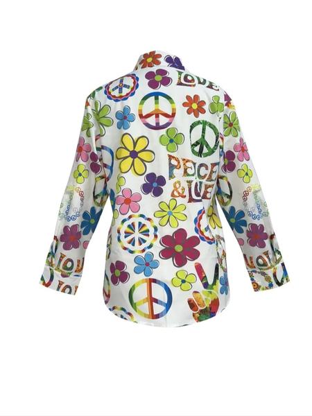 Women's Bohemian Style Printed Long Sleeve Shirt, Vibrant Peace Love Design, Casual Button Up for All Seasons