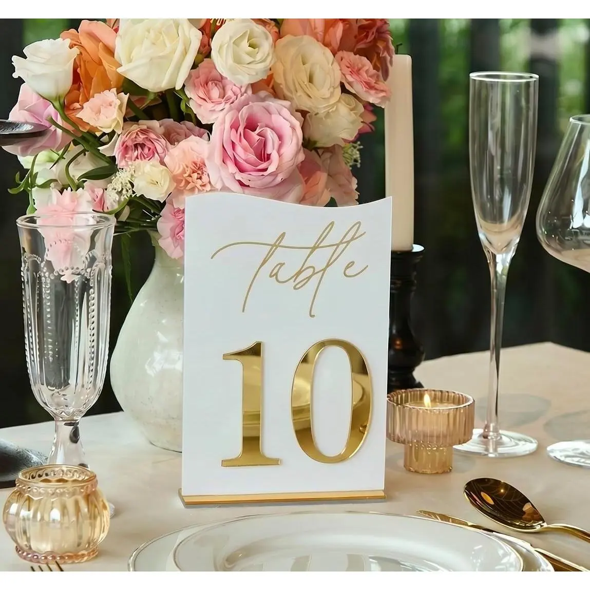 Mirrored  Wedding Table Numbers 1-10 Set, Self-Standing Modern Arched Signs for Reception Seating, Anniversary & Bridal Shower, Elegant Wedding Decor (5x7 Inches)