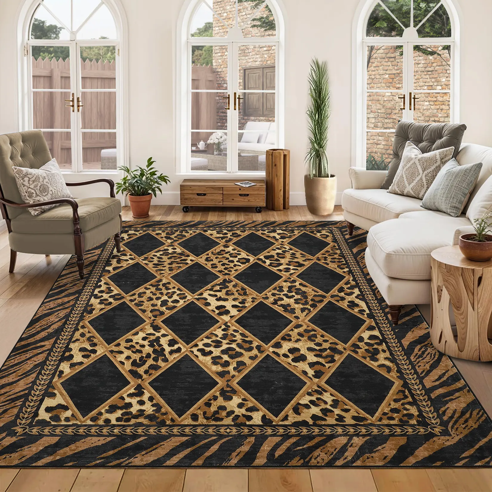 Leopard Runner Rug,Washable Runner Rug, Leopard Kitchen Runner Rugs Non Slip,Vintage Rug Runners Carpet for Hallway Entry Bedroom Laundry Bedside, Brown/Black