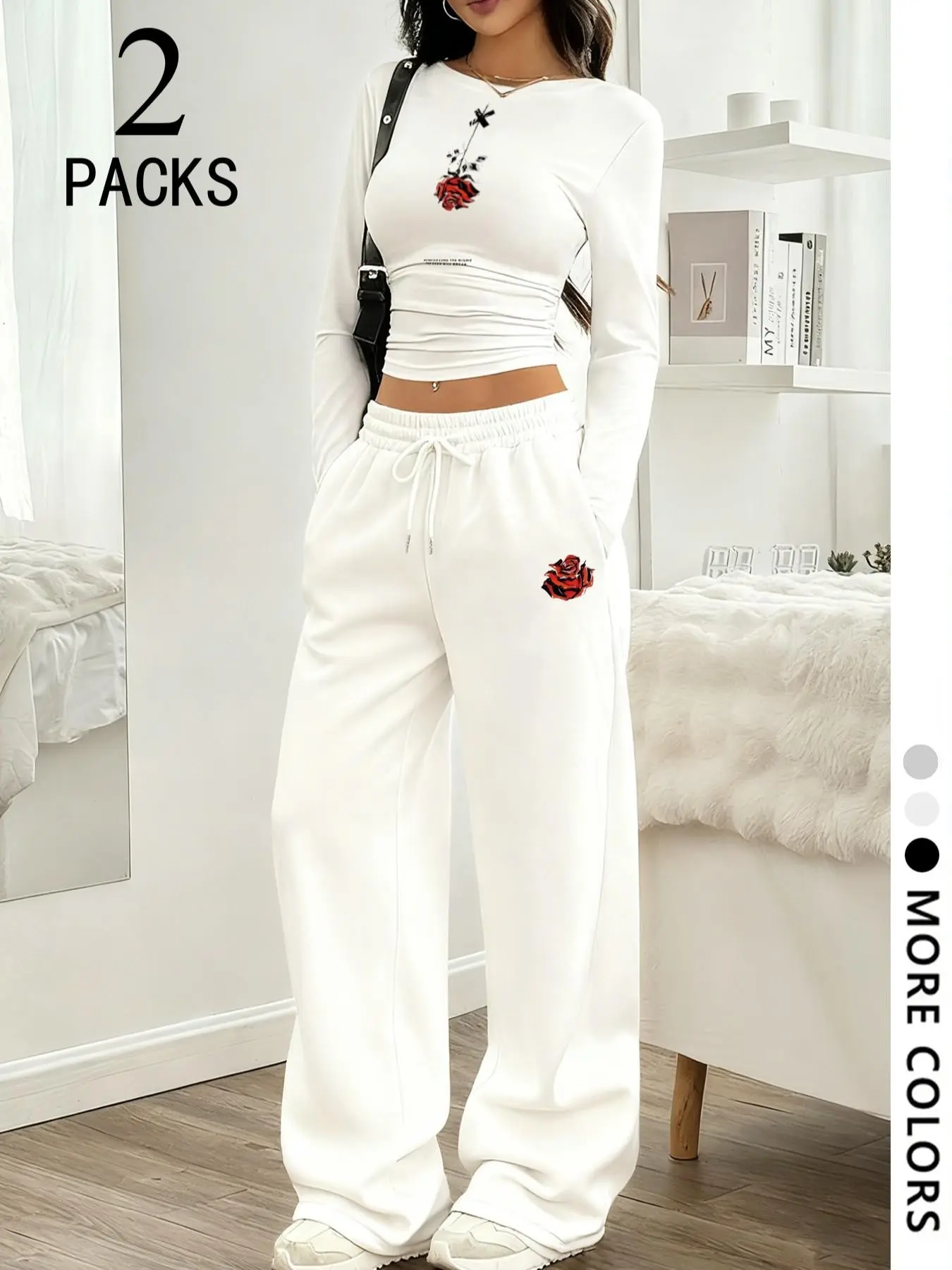 Rose Cross Print Fitted Long Sleeve Top + High Waist Drawstring Wide Leg Pants Set, Casual Fall Winter for Women