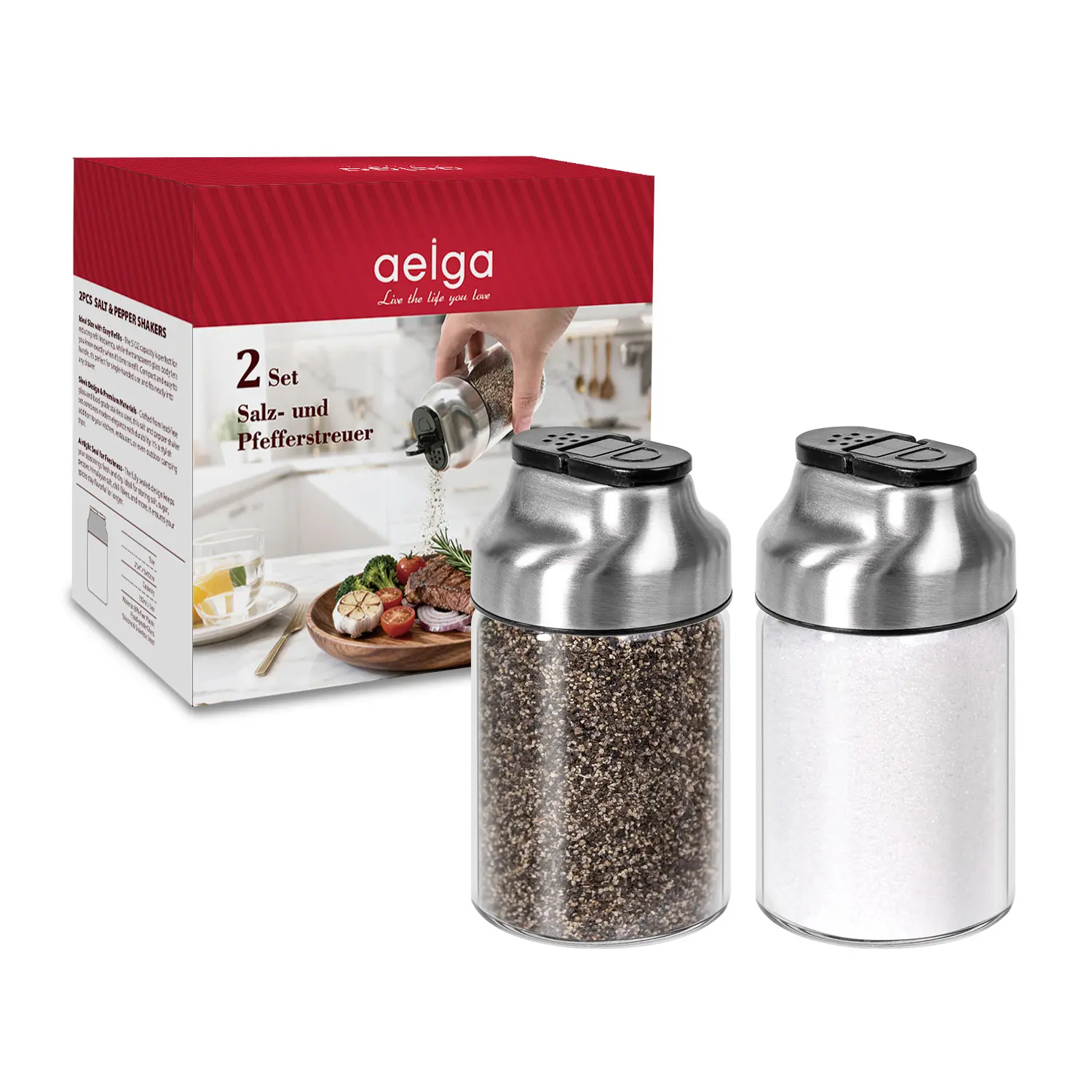 Salt and Pepper Shakers Set - 5 OZ Glass Salt Shaker with Adjustable Pour Holes - Sugar Dispenser with Stainless Steel Lid - Elegant Kitchen Table Accessories