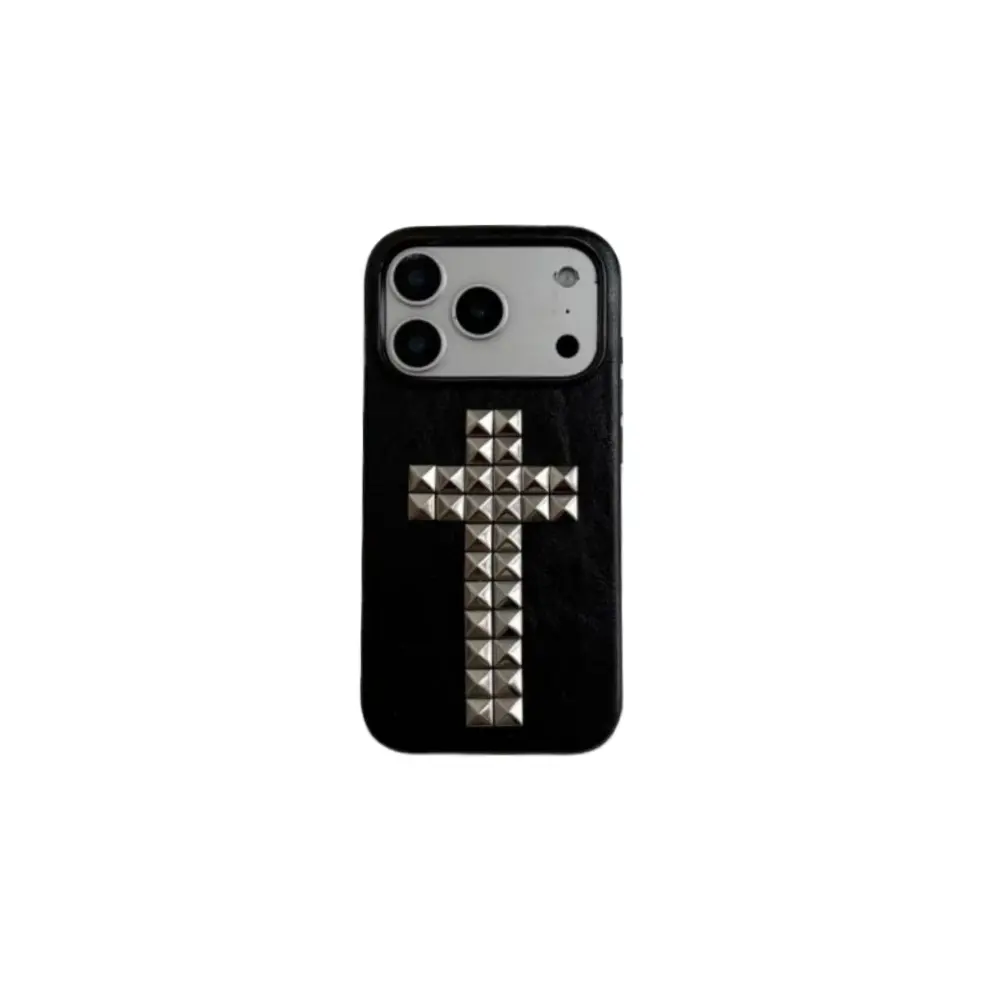Black leather studded cross case for iPhone 17/16PRO, creative retro design
