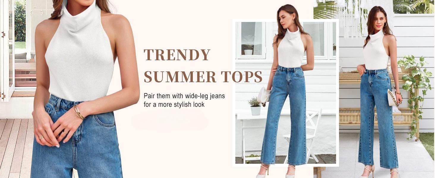 Saodimallsu Womens Turtleneck Sweater Vests Sleeveless Knit Halter Tank Tops Sexy Loose Cami Shirts