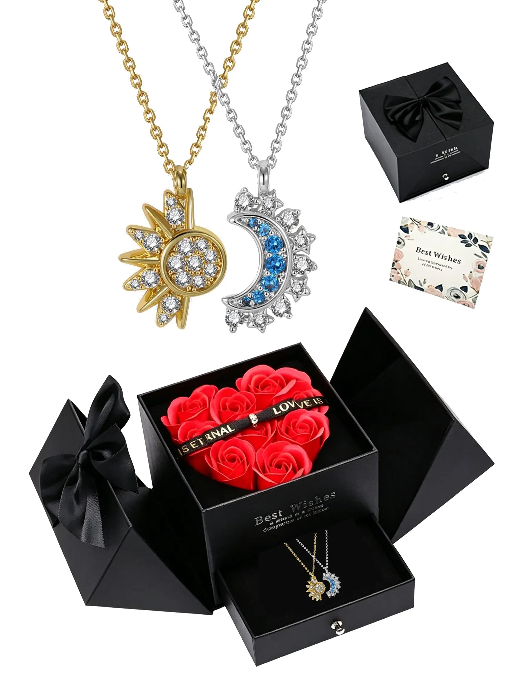 2Pcs Sun Moon Matching Couple Necklaces, Crystal Inlaid Sun Moon Pendant Jewelry, Luxury Red Rose Gift Box, Birthday Christmas Gift for Lovers