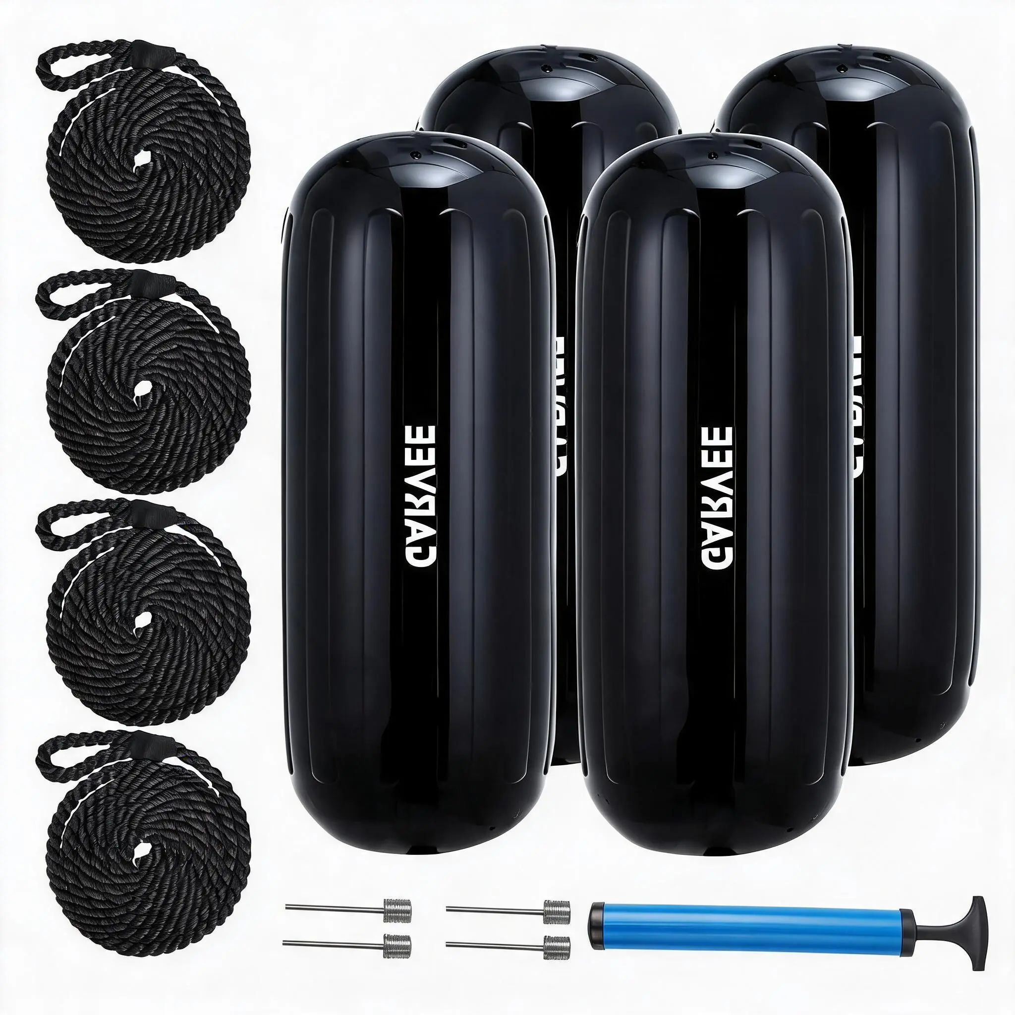 Heavy Duty Inflatable Boat Fenders 4 Pack 10x28 Inch – UV Resistant Ribbed Center Hole Marine Dock Bumpers with Ropes & Pump – Fits 30-40ft Pontoon, Sailboat, Yacht