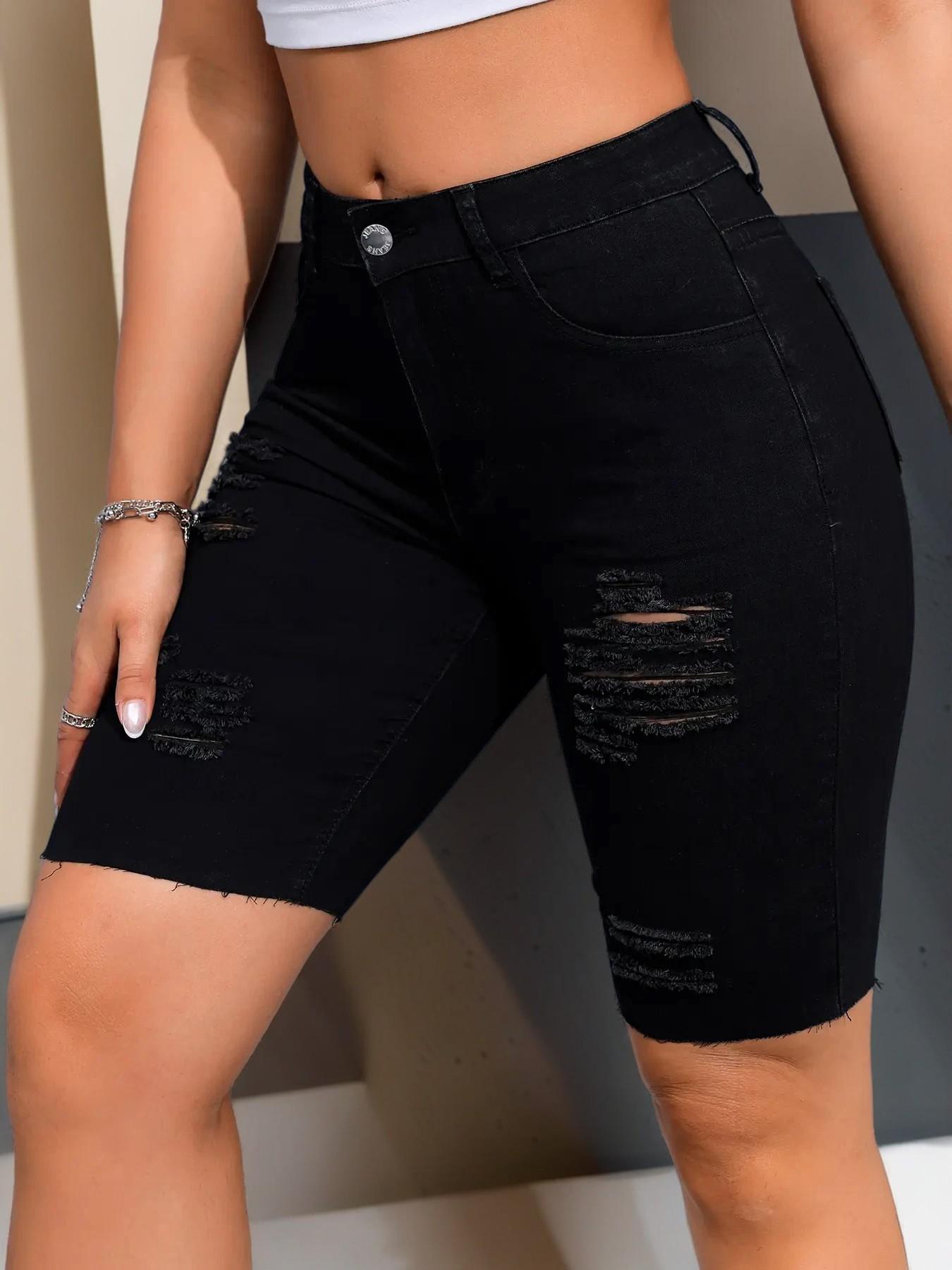 Women's Ripped Button Pocket Distressed Denim Shorts, Fashion Basic Casual Stretchy Short Jeans for Daily Outdoor Wear, Ladies Skinny Bottoms for Summer, Casual Jorts Shorts, Womenswear, Casual Relaxed Shorts