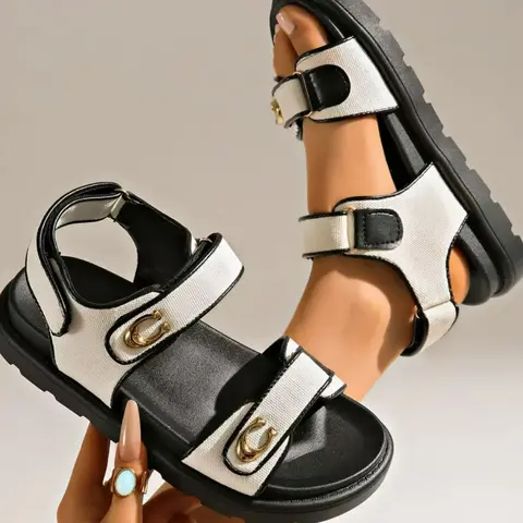 Black Thick-Soled Velcro Sandals Decorated with Gold-Tone Metal Accents, Anti-Slip Serrated Outsole, Open-Toe Women's Summer Casual Sandals