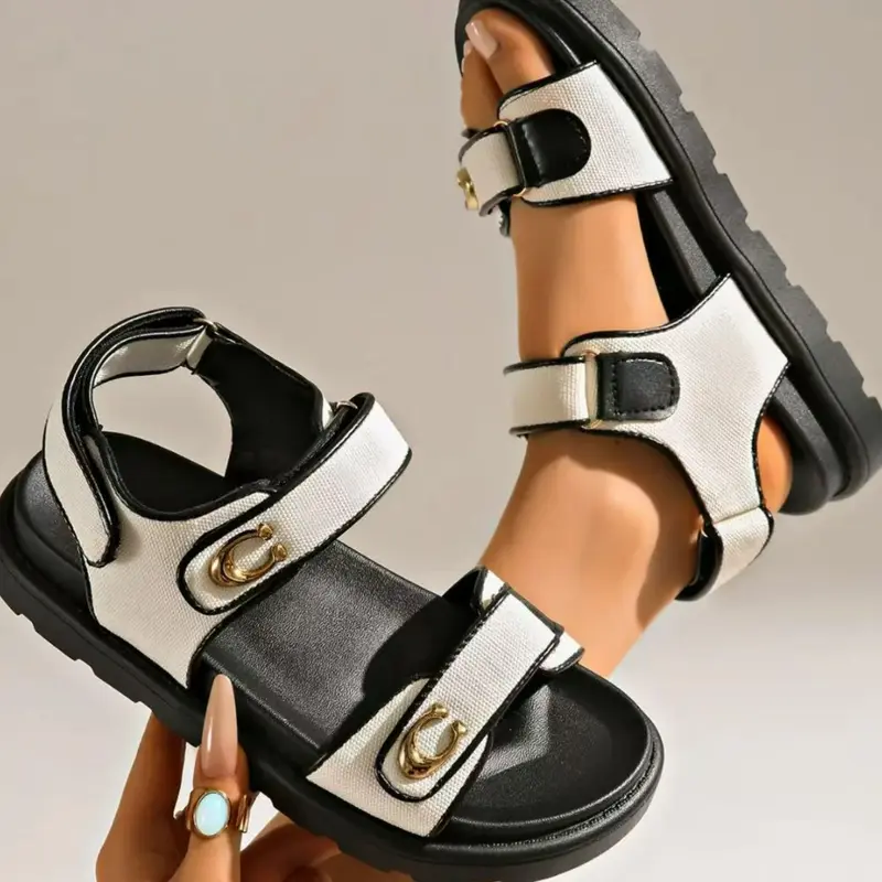 Black Thick-Soled Velcro Sandals Decorated with Gold-Tone Metal Accents, Anti-Slip Serrated Outsole, Open-Toe Women's Summer Casual Sandals